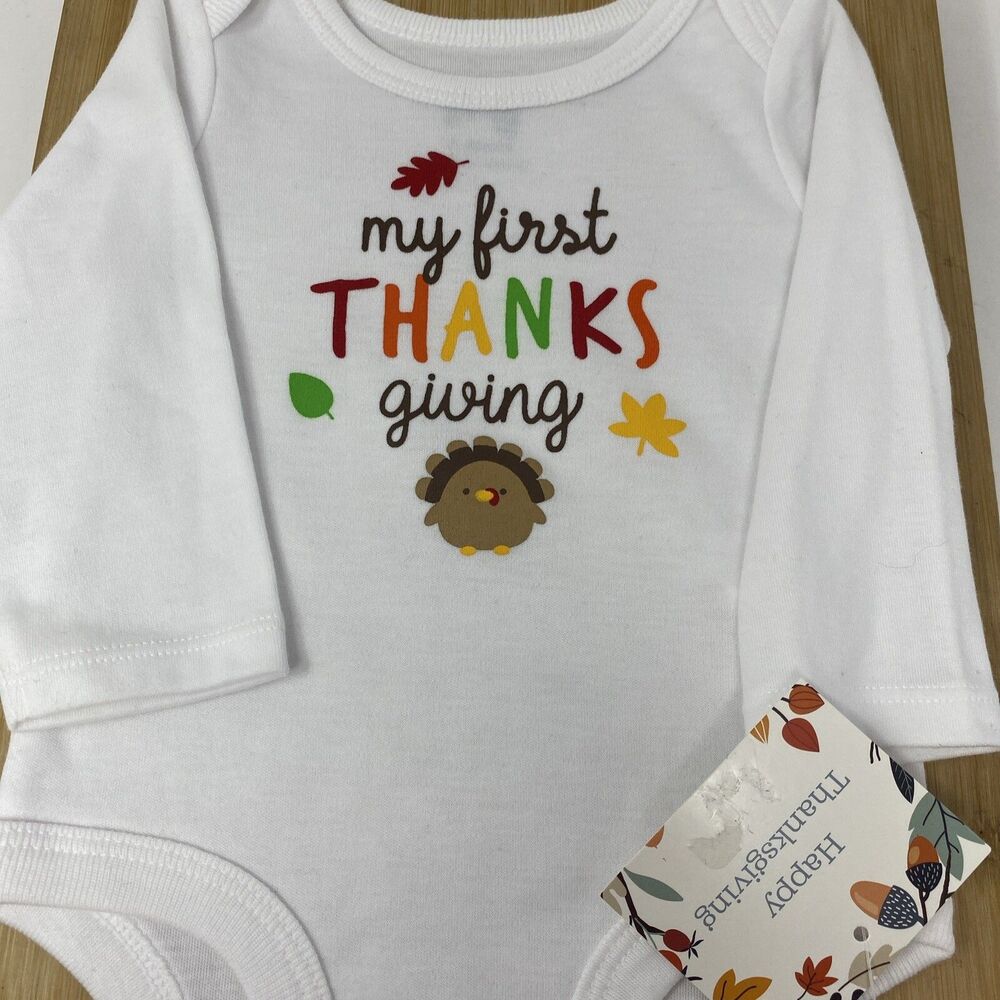 “My First 1st Thanksgiving” Long Sleeve One Piece Size 0-3 Months Turkey White